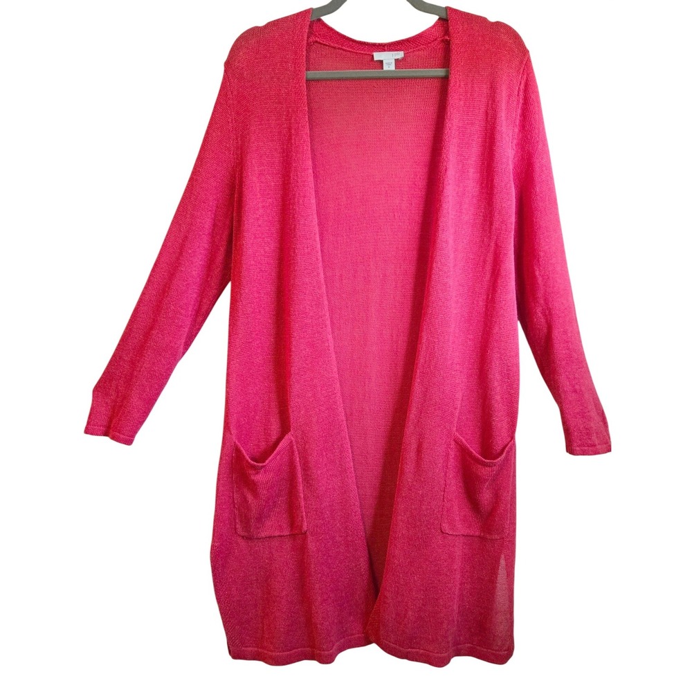 J. Jill‎ Deepest Coral Linen Blend Open Front Longline Cardigan Sweater Size M